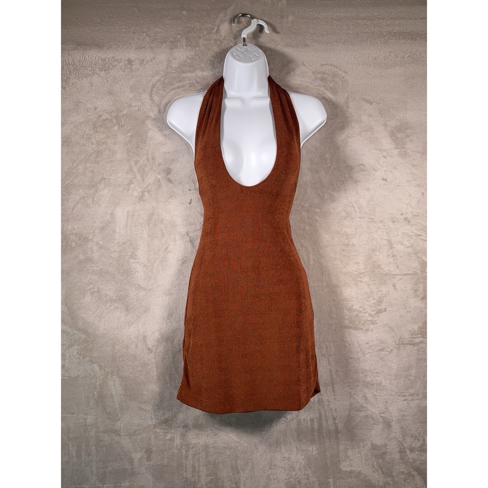 WITH JEAN Lena Halter Dress Womens Size XS Brown Mini Open Back Bodycon